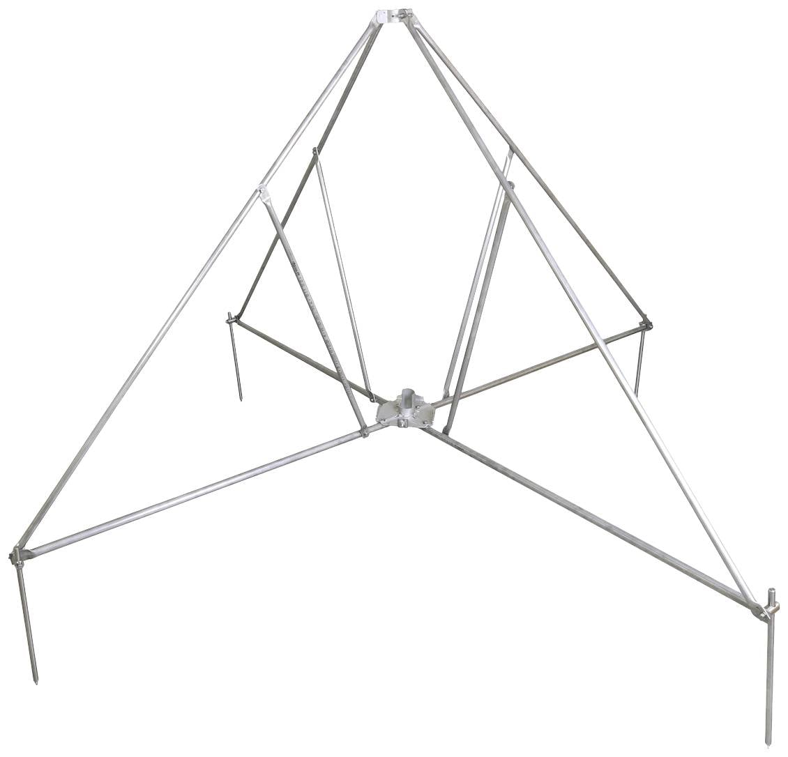 'Driebenige, verstelbare aluminium reflectorstandaard in piramide-vorm, geschikt voor antenne-montage.'