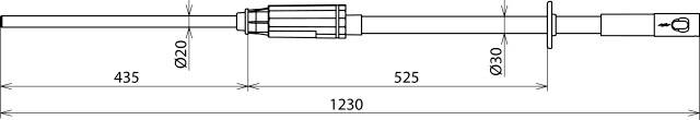Technische tekening van een staaf: Totale lengte 1230 mm. De rechterkant heeft een diameter van 30 mm, de linkerkant van 20 mm.