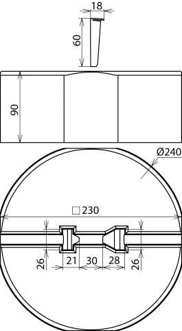 Technische tekening van een rond wasbak met afmetingen. Bovenaanzicht boven, zijaanzicht onder. Diameter 240 mm, hoogte 90 mm.
