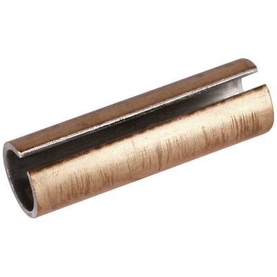 Een cilindrische metalen huls, gedeeltelijk open, met een koperkleurige buitenkant en zilveren binnenkant.