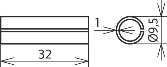 Technische tekening van een cilindrisch penelement met een diameter van 9,5 mm en een lengte van 32 mm.