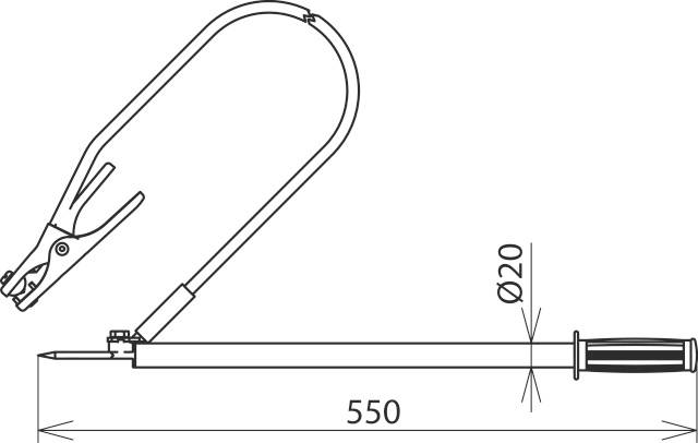 'Technische tekening van een gereedschap met een totale lengte van 550 mm en een diameter van 20 mm. Het heeft een klem aan één uiteinde.'
