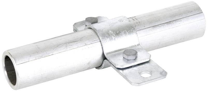 Metalen verbindingsstuk, bestaande uit twee cilindrische buizen die met een schroef en een bevestiging met elkaar zijn verbonden.