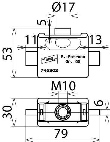 Technische tekening van een E-patroon Gr. 00 met afmetingen. Bovenaanzicht toont breedte 79 mm, hoogte 53 mm. Details: boringen Ø17 en M10, modelnummer 745302.