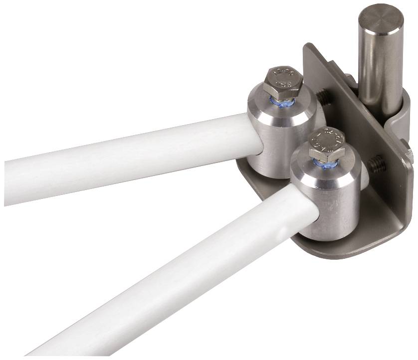 Metalen verbinding met twee witte buizen die bevestigd zijn aan cilindrische houders. Schroeven zorgen voor de beveiliging van de structuur.