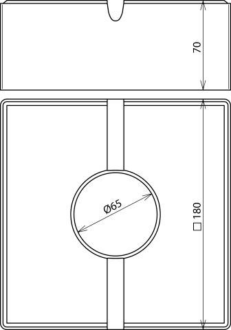 Technische tekening van een vierkante plaat met een centraal gat van 65 mm diameter, totale afmetingen 180 mm.