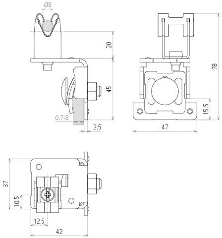 Technische tekening van een bevestigingssteun met drie aanzichten: zijaanzicht, vooraanzicht en bovenaanzicht. Maten weergegeven in millimeters.