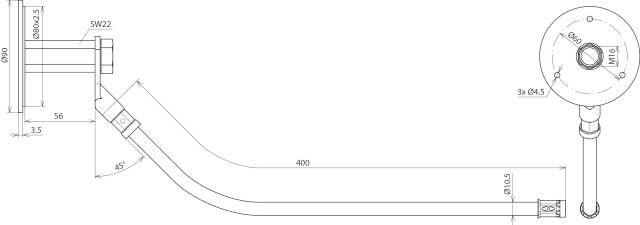 Technische tekening van een hoekslang met afmetingen. Toont buisverloop, hoek en aansluitingen. Hoofdafmetingen: 560 mm lengte, diameter 18 mm.