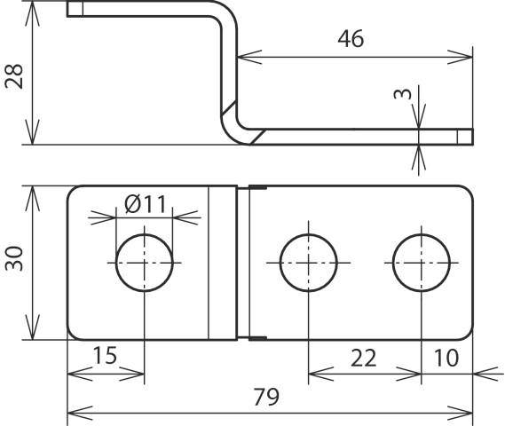 Technische tekening van een metalen hoek met afmetingen: Lengte 79, Breedte 30, Hoogte 28, Gatdiameter 11, Gatafstanden 15, 22, 10.