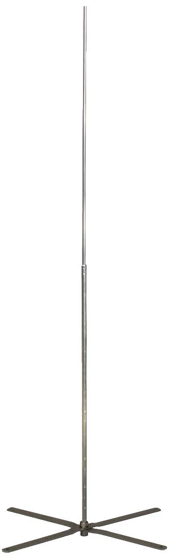Een lange, smalle metalen staaf met een stabiele, kruisvormige standvoet.
