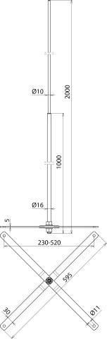 Technische tekening van een telescopische stang, lengtematen: 2000 mm, 1000 mm, diameter: 10 mm, 16 mm; basisbreedte: 230-520 mm.