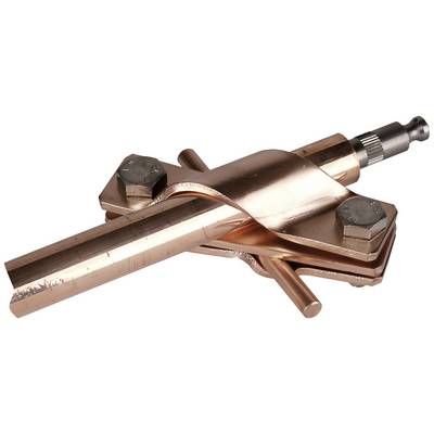 Metalen buisklem met twee schroeven voor bevestiging aan een cilindrische structuur. Hoogglanzend koperoppervlak.