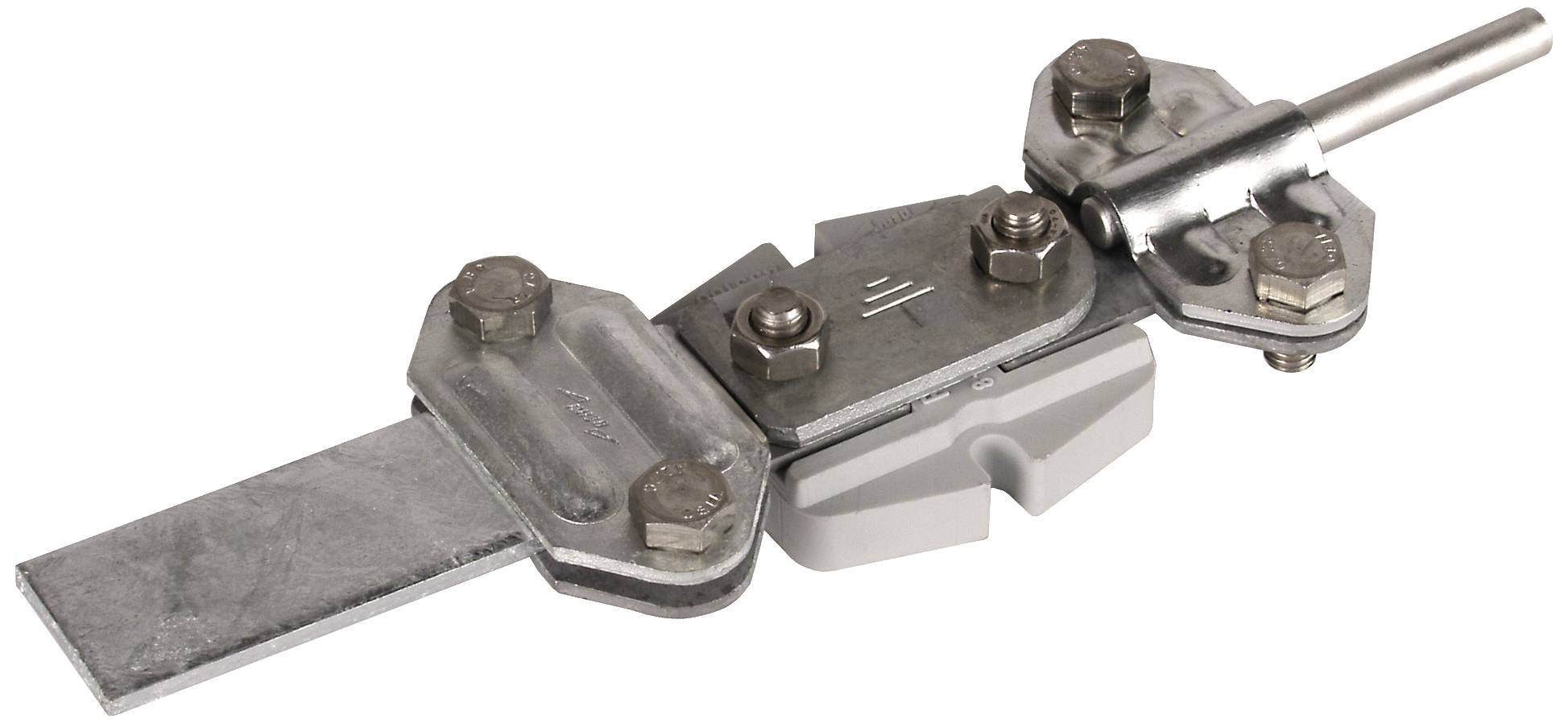 Metalen onderdeel met meerdere geschroefde elementen en bewegende delen. Mogelijk een onderdeel van een grotere mechanische constructie.