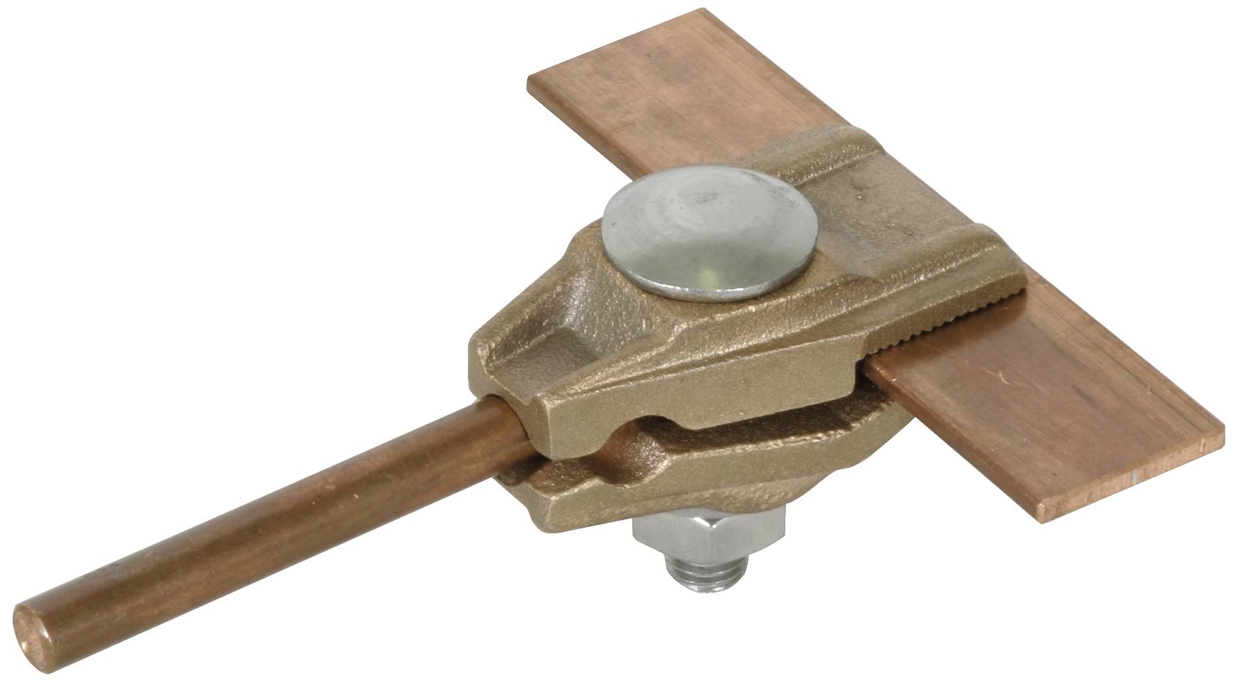 Een bronzen mechanische klem houdt twee koperstaven rechthoekig bij elkaar. De klem heeft een metalen schroef om vast te zetten.