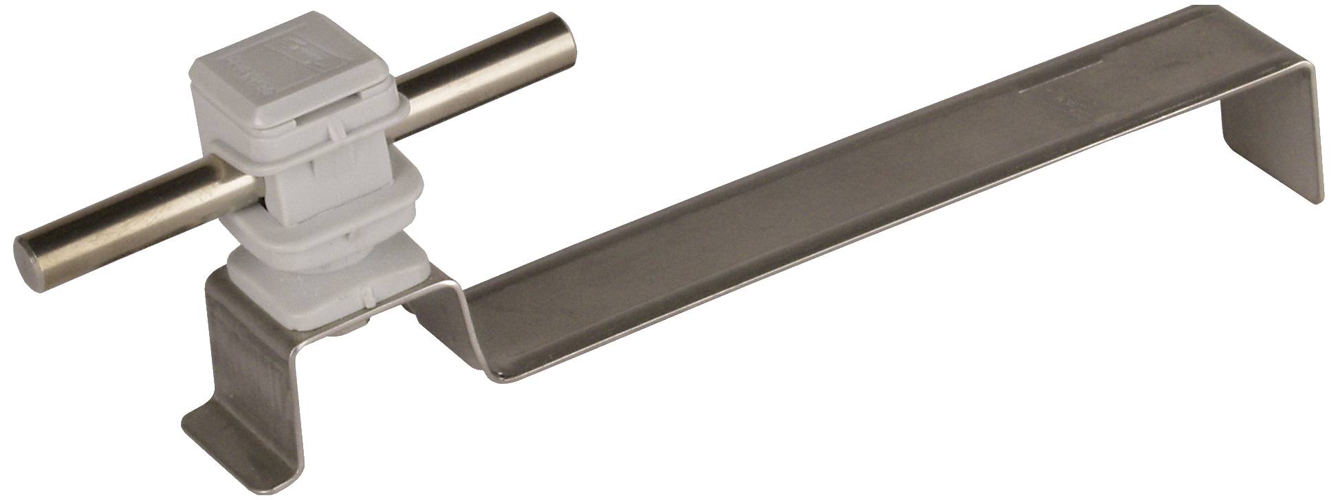 Een metalen beugel met een klem in het midden die een buis vasthoudt. Geschikt voor het bevestigen van buizen aan oppervlakken.