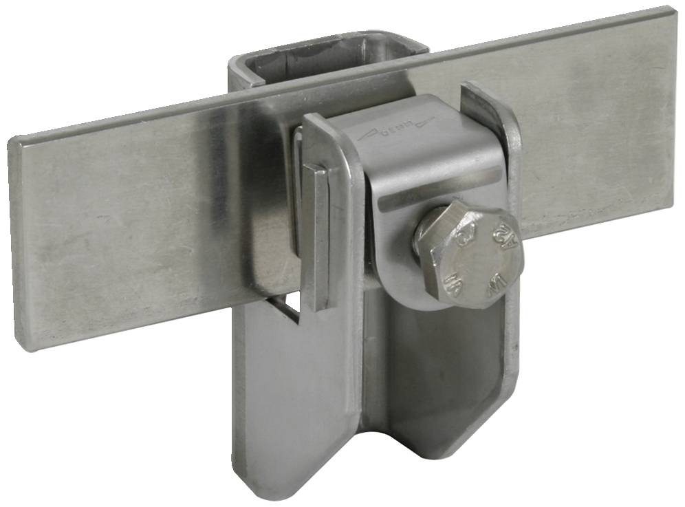 Metalen beugel met een platte, rechthoekige dwarsdrager en middenbout. Wordt gebruikt voor het bevestigen en stabiliseren van voorwerpen.