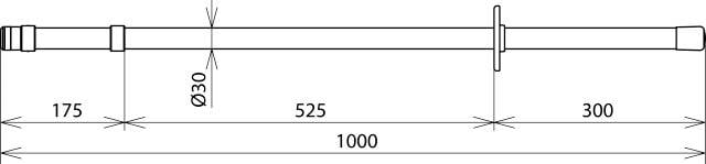Technische tekening van een metalen staaf met afmetingen: Totale lengte 1000 mm, diameter 30 mm, secties van 175 mm, 525 mm en 300 mm.