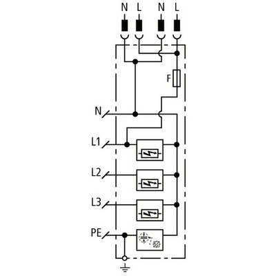 Schakelschema van een elektrische verdeler met drie schakelaars gemarkeerd als L1, L2, L3, evenals PE en een zekering. Bovenaan zijn de ingangslijnen N en L.