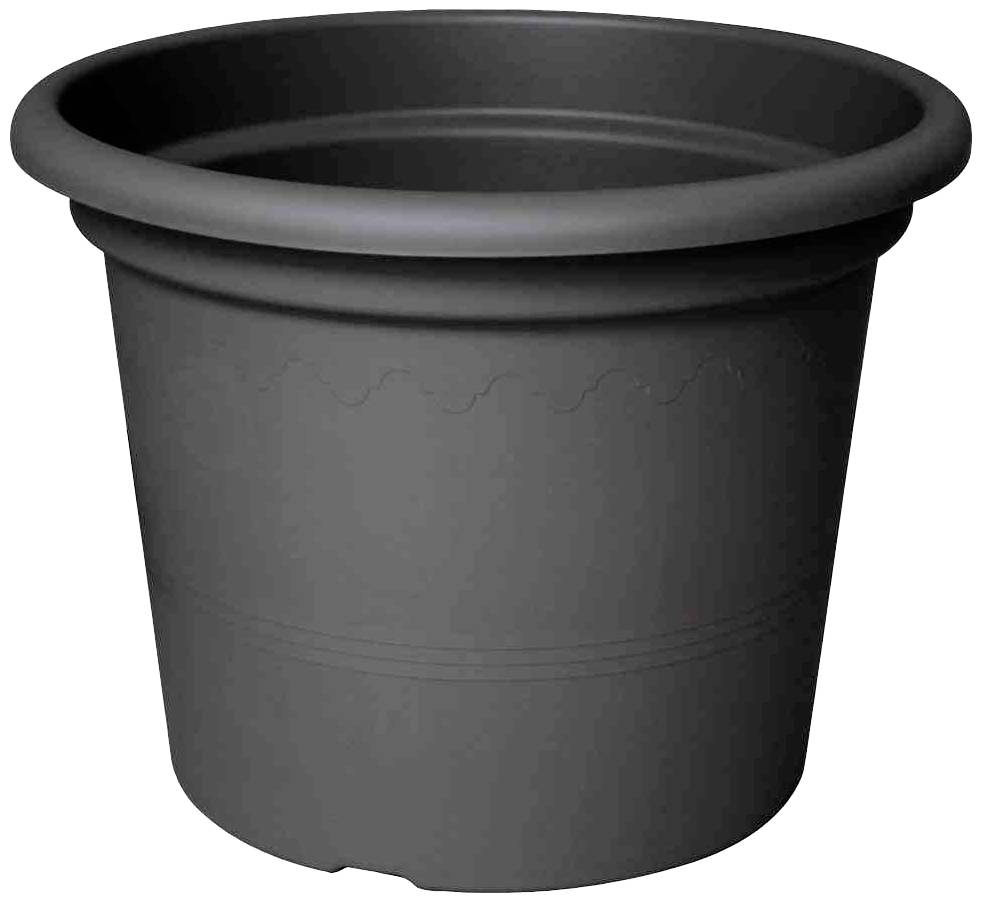 Een grote, ronde plantenpot van zwart kunststof. Ideaal voor tuinplanten of bloemdecoraties op terrassen en balkons.