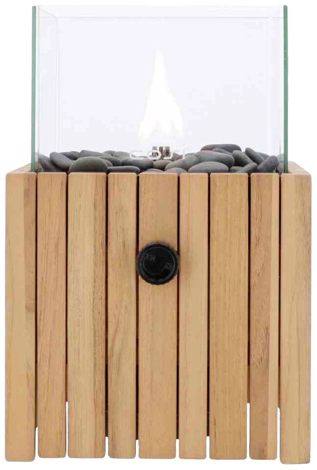 Houten kist met glazen bovenkant en stenen, met in het midden een kleine vlam. Decoratief tafelvuur voor binnen- of buitengebruik.