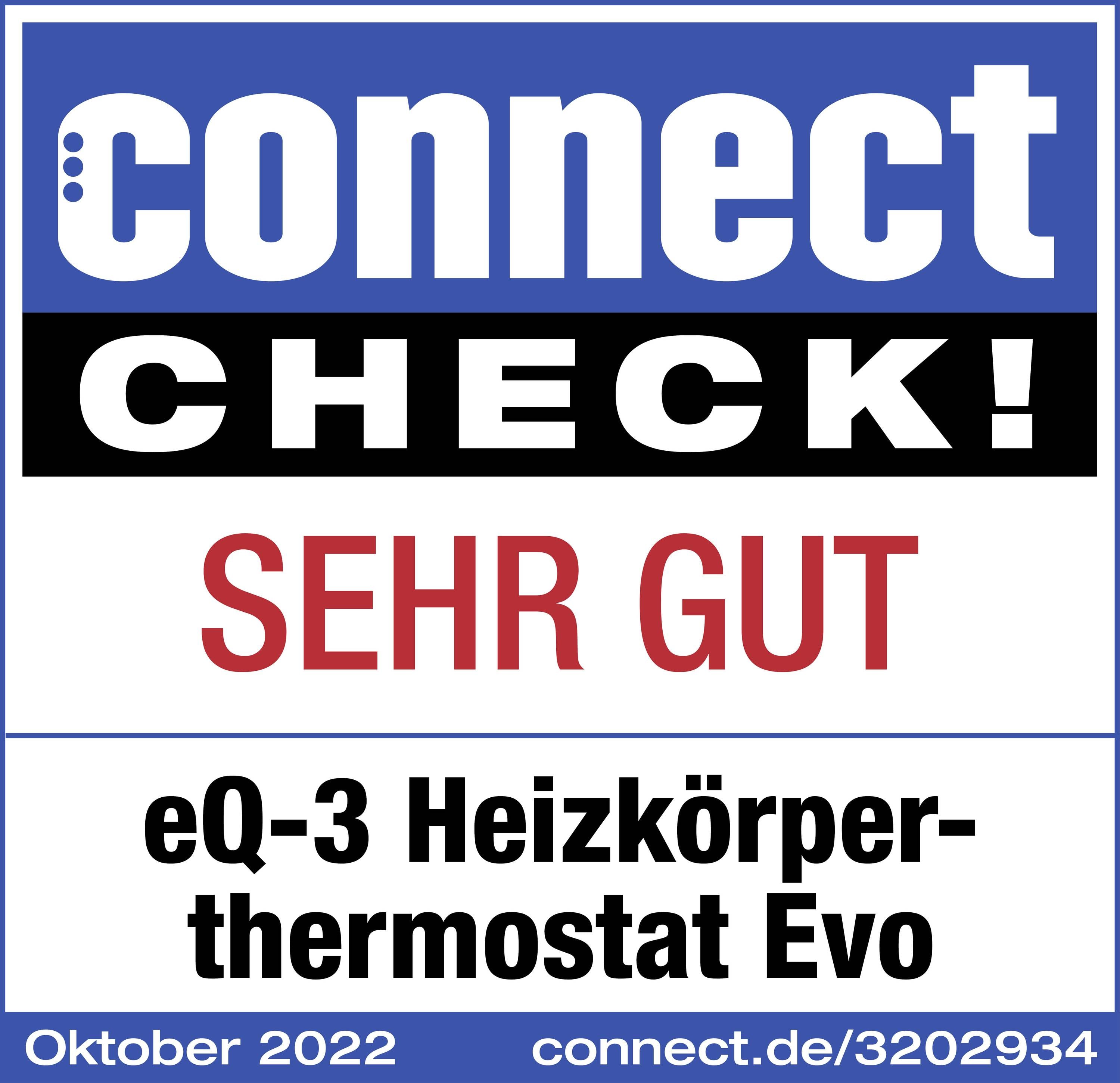 Logo van 'connect CHECK!', beoordeling 'ZEER GOED' voor de eQ-3 radiatorthermostaat Evo, oktober 2022, connect.de/3202934.