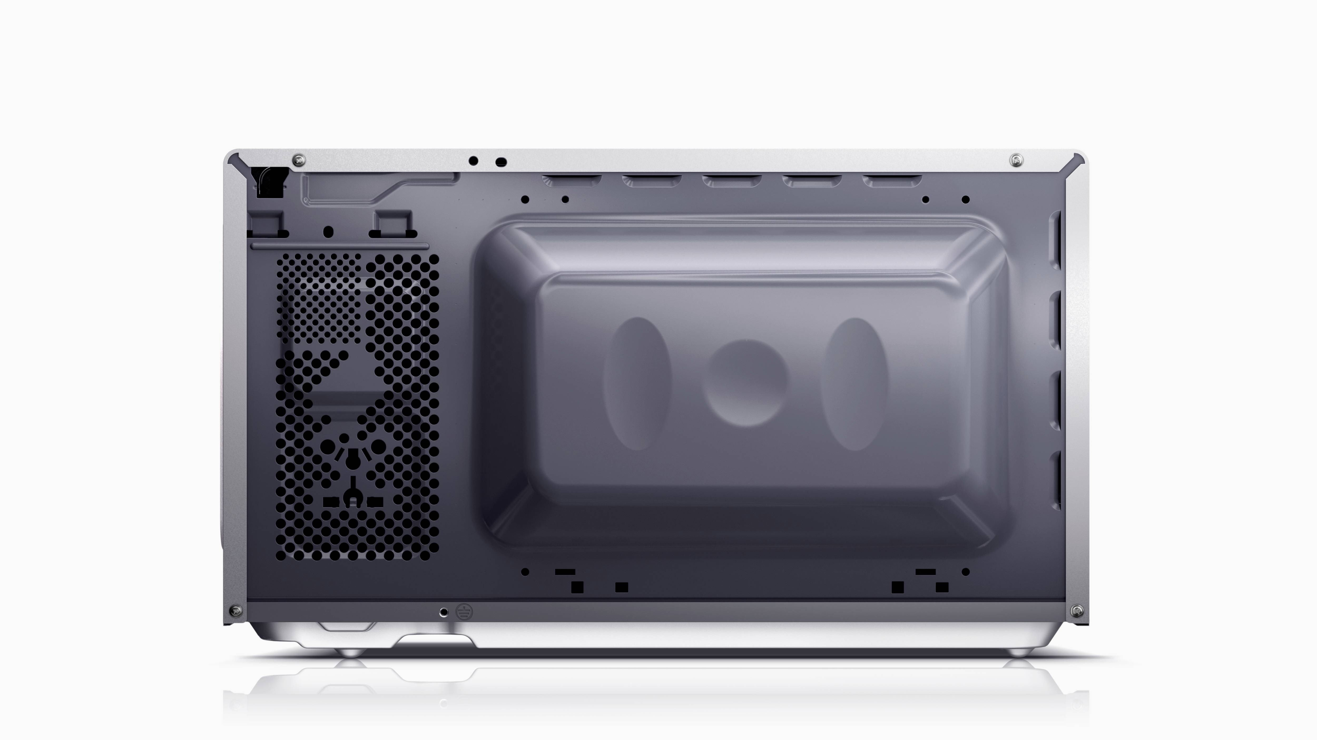 Achterkant van een magnetrontoestel, grijs, met verluchtingsroosters en stroomaansluitingen.