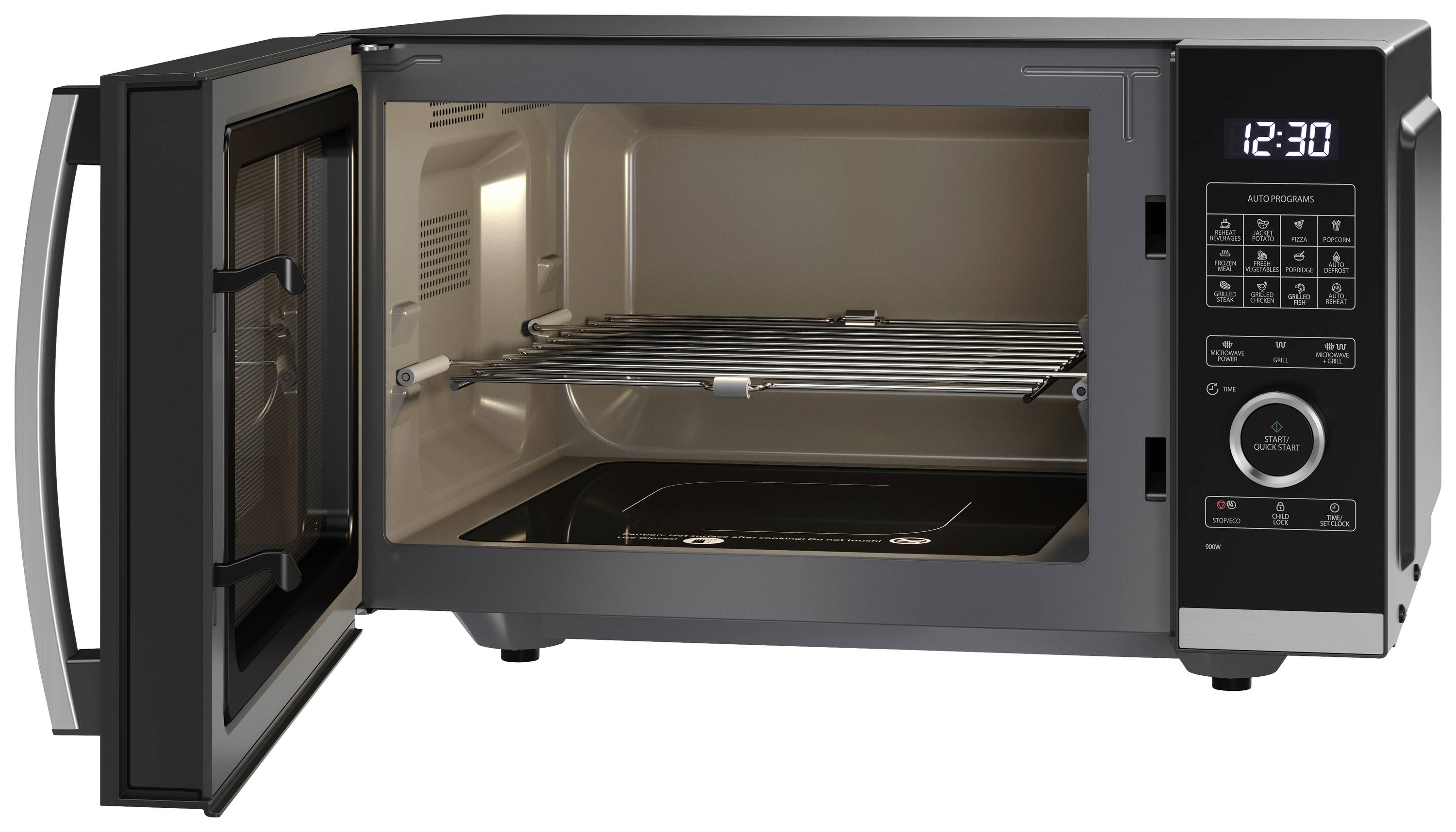 Open magnetron met digitaal display, grillrooster en verlichte binnenkant. Het display toont de tijd 12:30.