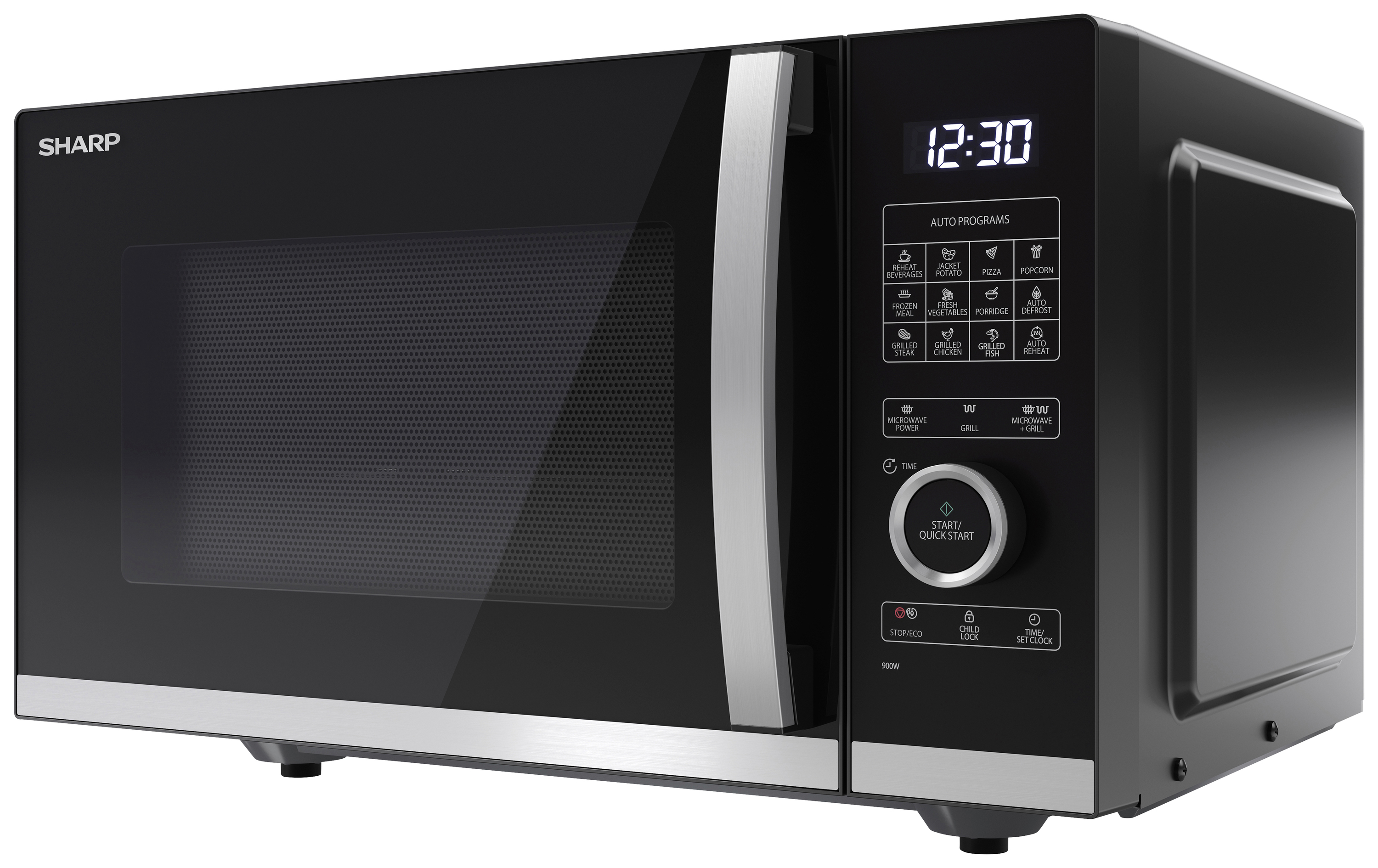 Een zwarte magnetron met digitale klokweergave toont '12:30'. Hij heeft een bedieningspaneel met verschillende toetsen.