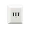 Een witte telefoonbox met drie parallelle aansluitingen gemonteerd aan een muur.