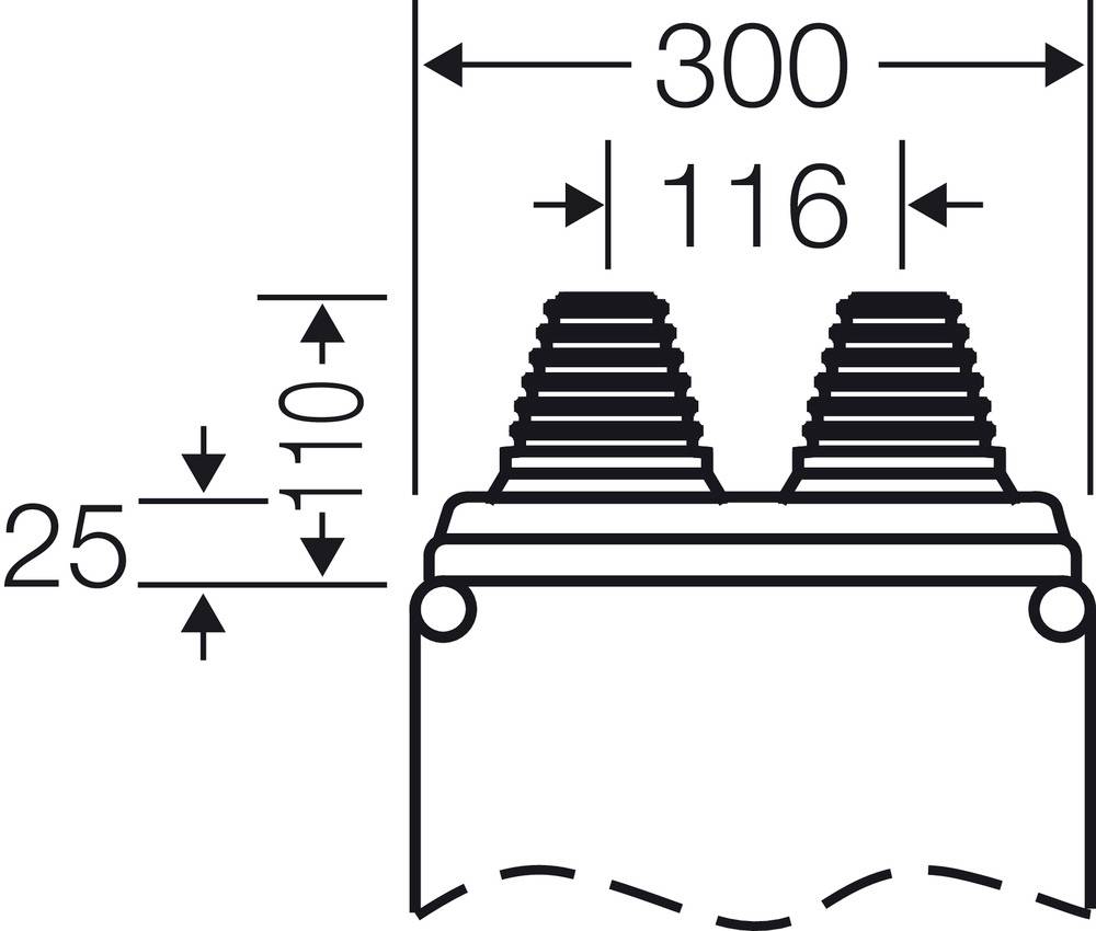 Technische tekening van een onderdeel met twee afdichtingen. Afmetingen: totale breedte 300 mm, afstand tussen afdichtingen 116 mm, totale hoogte 135 mm.