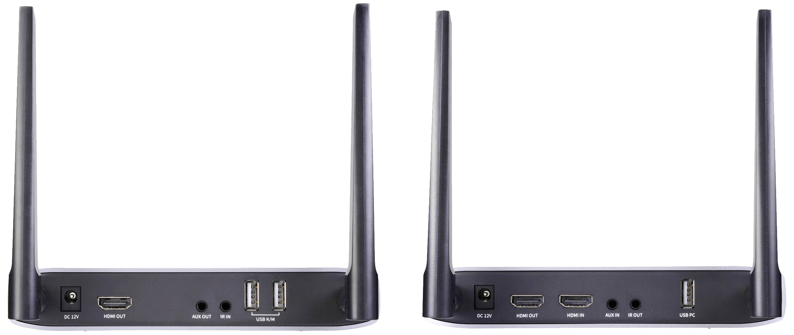 Twee zwarte routers met elk twee antennes, achteraanzicht toont aansluitingen: HDMI, USB, voedingsadapter.