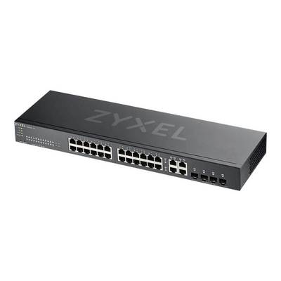 Een zwarte Zyxel-netwerk-switch met 24 Ethernet-poorten en 4 SFP-poorten. Ideaal voor bedrijfsnetwerken.