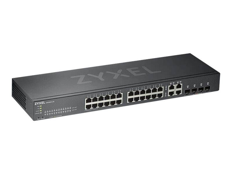 Een zwarte netwerk-switch met meerdere Ethernet-poorten, voorzien van het merkopschrift 'Zyxel'.