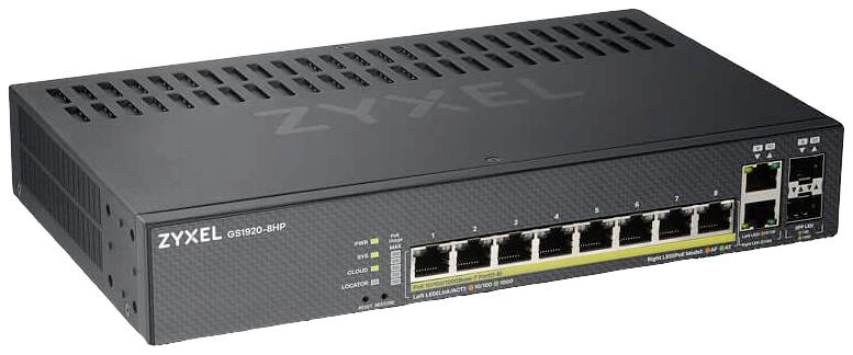 Een zwarte netwerk-switch van het merk Zyxel, model GS1920-8HP, met acht Ethernet-poorten en meerdere status-LED's aan de voorkant.