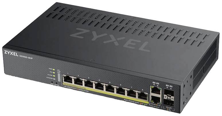 Een zwarte netwerk-switch met acht Ethernet-poorten en twee extra aansluitingen. Gemerkt met het merknaam 'Zyxel'.