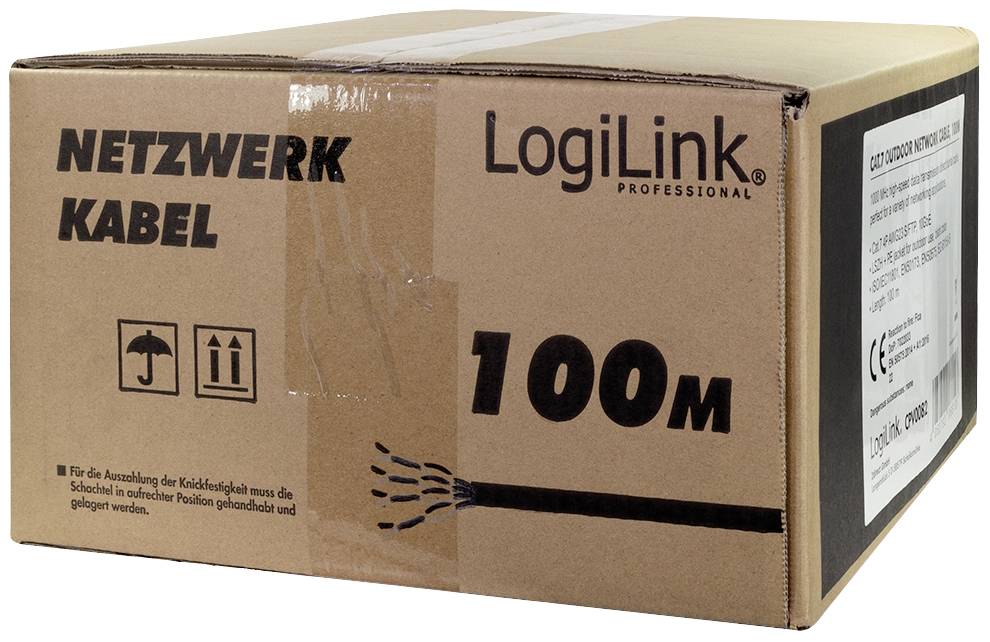 Kartonnen doos met opschrift 'Netwerkkabel 100M', merknaam 'LogiLink'. Bevat 100 meter netwerkkabel. Symbolen voor voorzichtigheid bij transport.