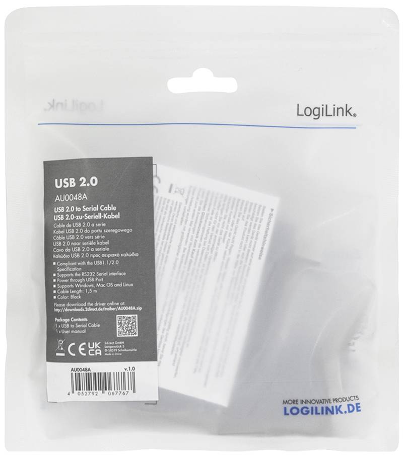Een verpakking met een USB 2.0 naar serieel kabel van LogiLink. De voorkant toont het productlabel met technische details en contactinformatie.