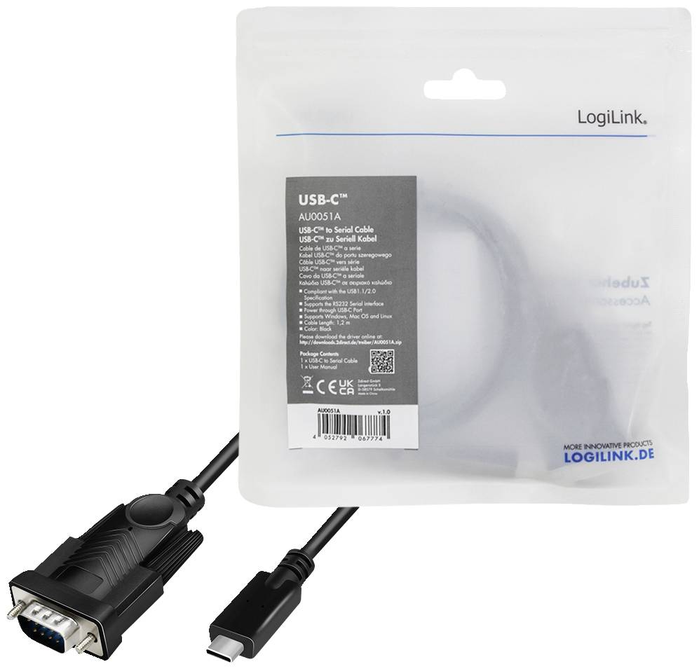 USB-C naar Serieel Adapter van LogiLink met verpakking. Bevat adapterkabel voor het aansluiten van seriële apparaten op USB-C.