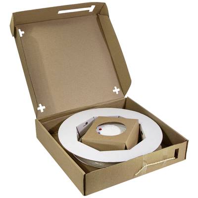 Een geopende kartonnen doos met een ronde spoelhouder aan de binnenkant, die is afgesloten met een deksel en beschermring.