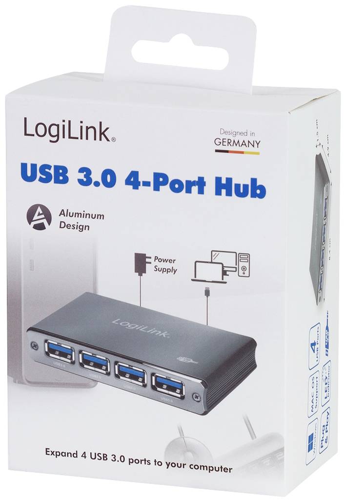 LogiLink USB 3.0 4-Poorts Hub in Aluminium Design. Verpakking toont hub met vier aansluitingen en schema voor gebruik met voedingsbron. Ontwikkeld in Duitsland.