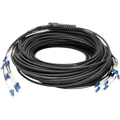 Een lange rol zwart kabel met meerdere blauwe en gele stekkers aan de uiteinden, opgerold en klaar voor gebruik.