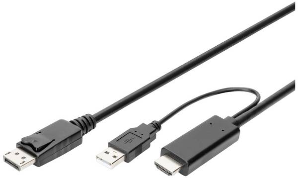 Digitus AK-330111-020-S HDMI-kabel DisplayPort / HDMI Aansluitkabel DisplayPort-bus, HDMI-A-stekker, USB-A stekker 2 m Zwart 4K UHD, Afgeschermd (dubbel), Flexibel, Halogeenvrij, Rond
