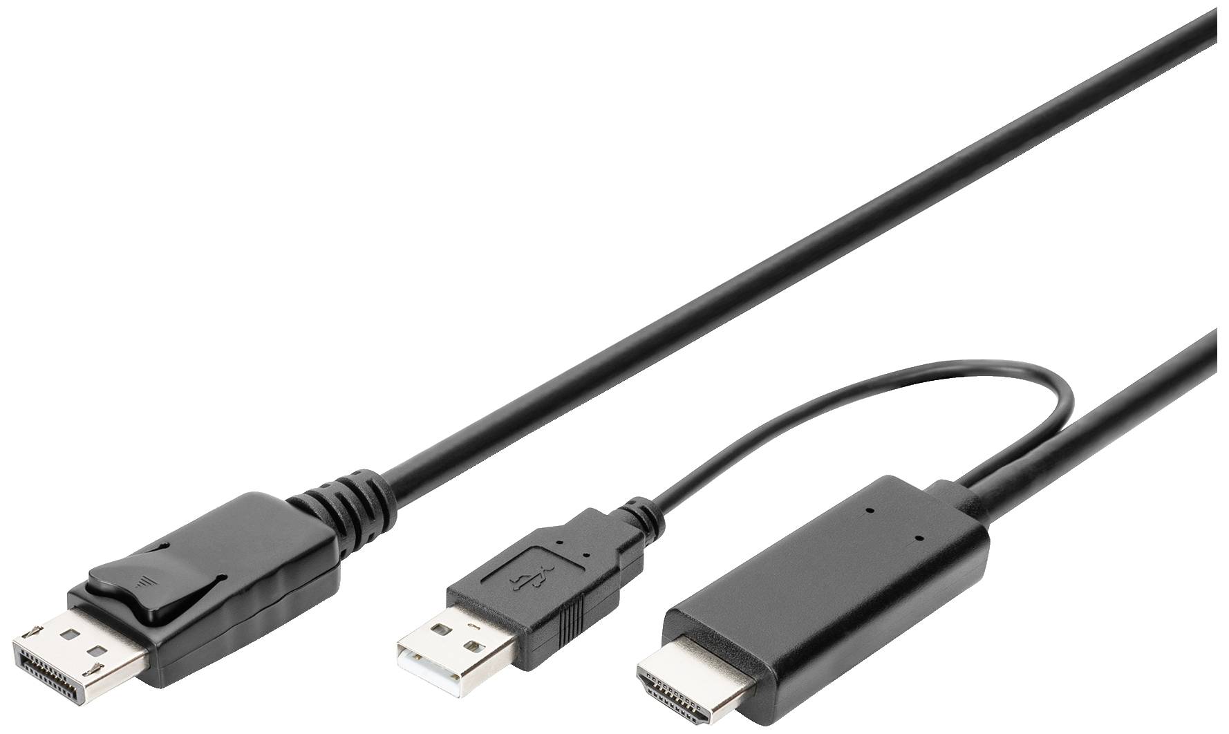 Drie kabels naast elkaar: een DisplayPort-connector, een USB-connector en een HDMI-connector, voor het aansluiten van apparaten.