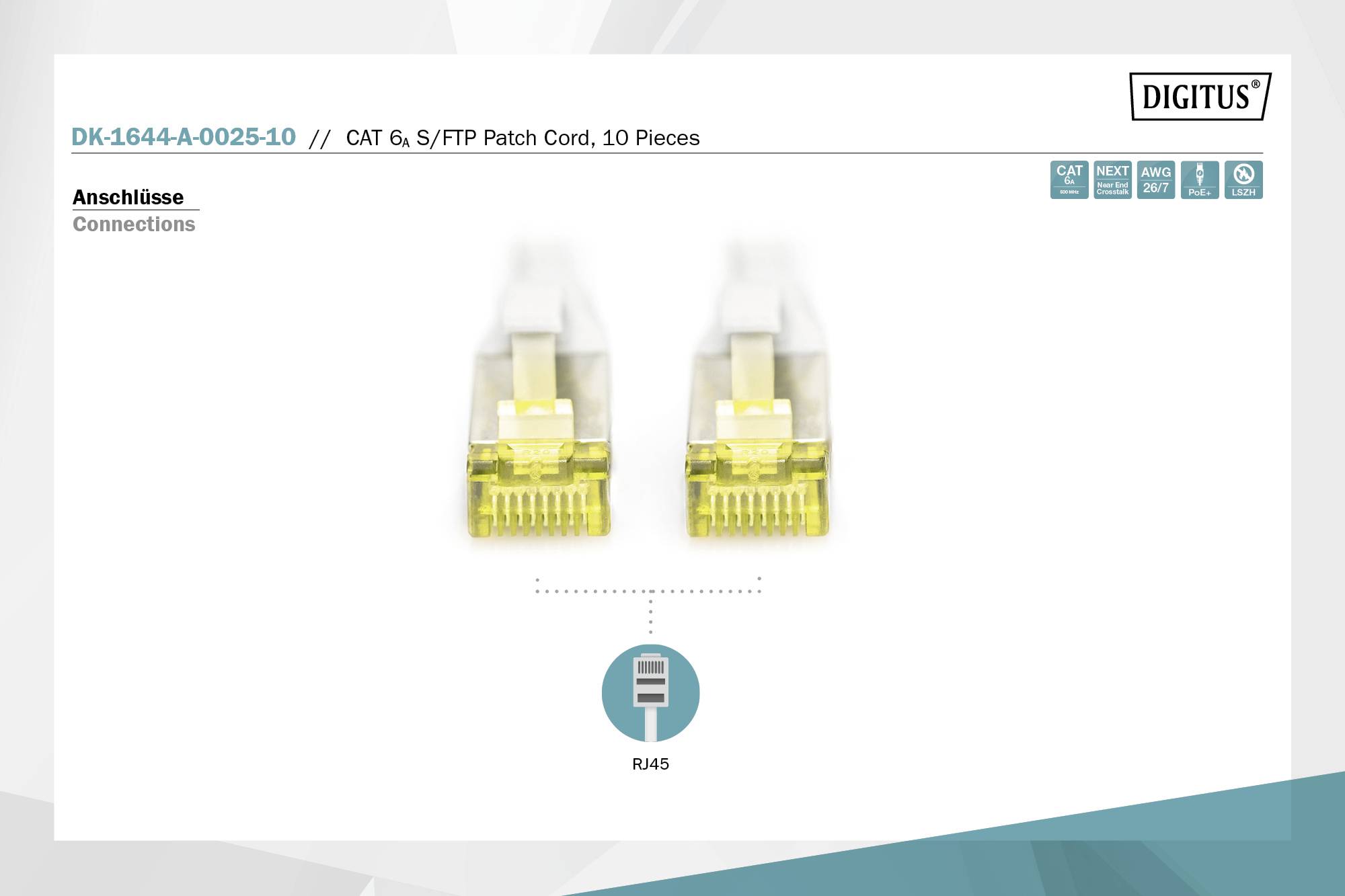 Twee RJ45-stekkers op een witte achtergrond worden naast elkaar getoond. Bovenaan worden ze aangeduid als CAT 6, S/FTP-patchkabel, 10 stuks.