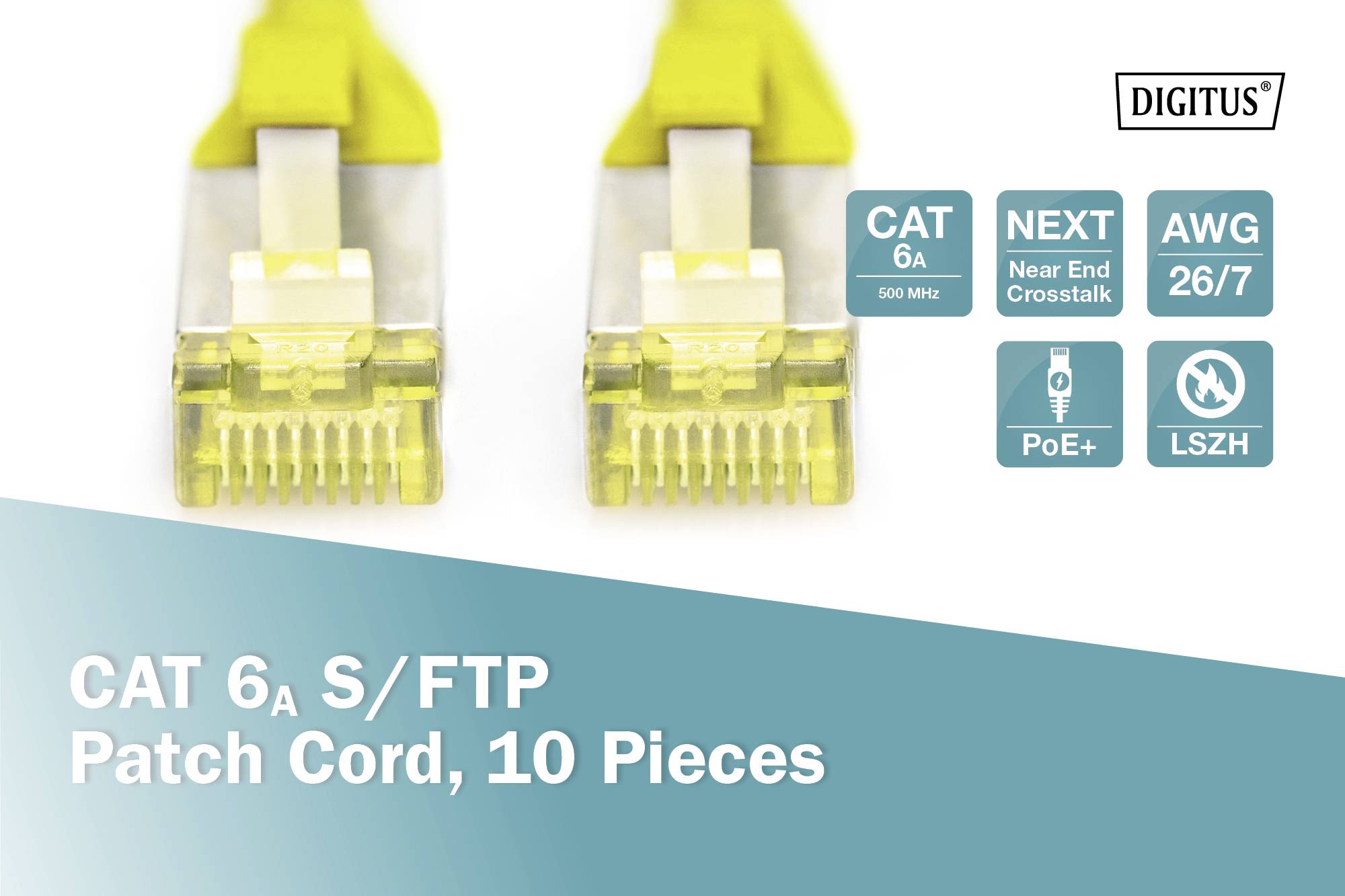 'CAT 6a S/FTP Patchkabel, 10 stuks' staat op een blauwe achtergrond met twee gele kabels. Symbolen tonen specificaties zoals CAT 6a en AWG 26/7.