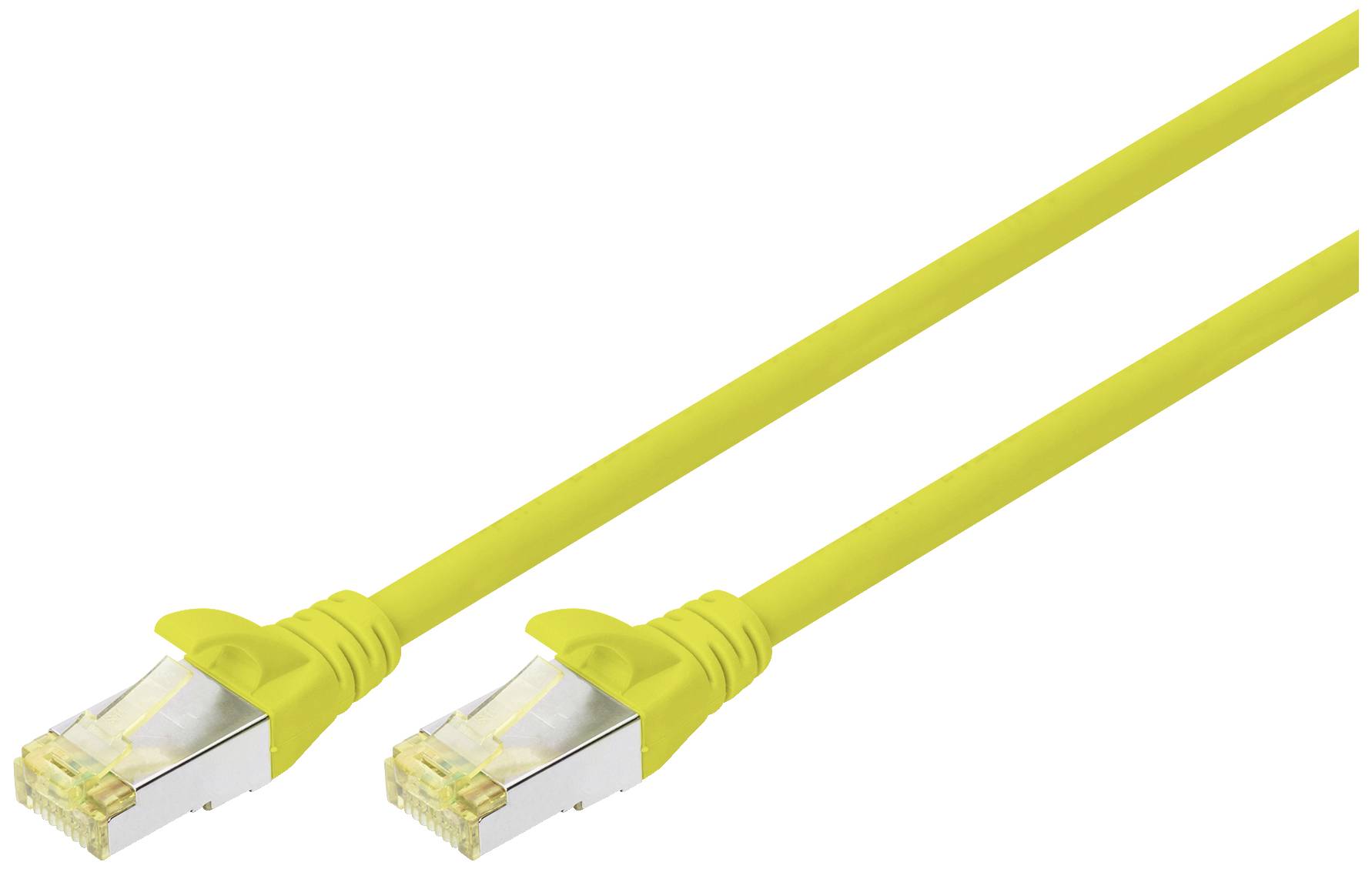 Geel netwerkkabel met twee RJ45-connectoren, geschikt voor het verbinden van computers met routers of switches.