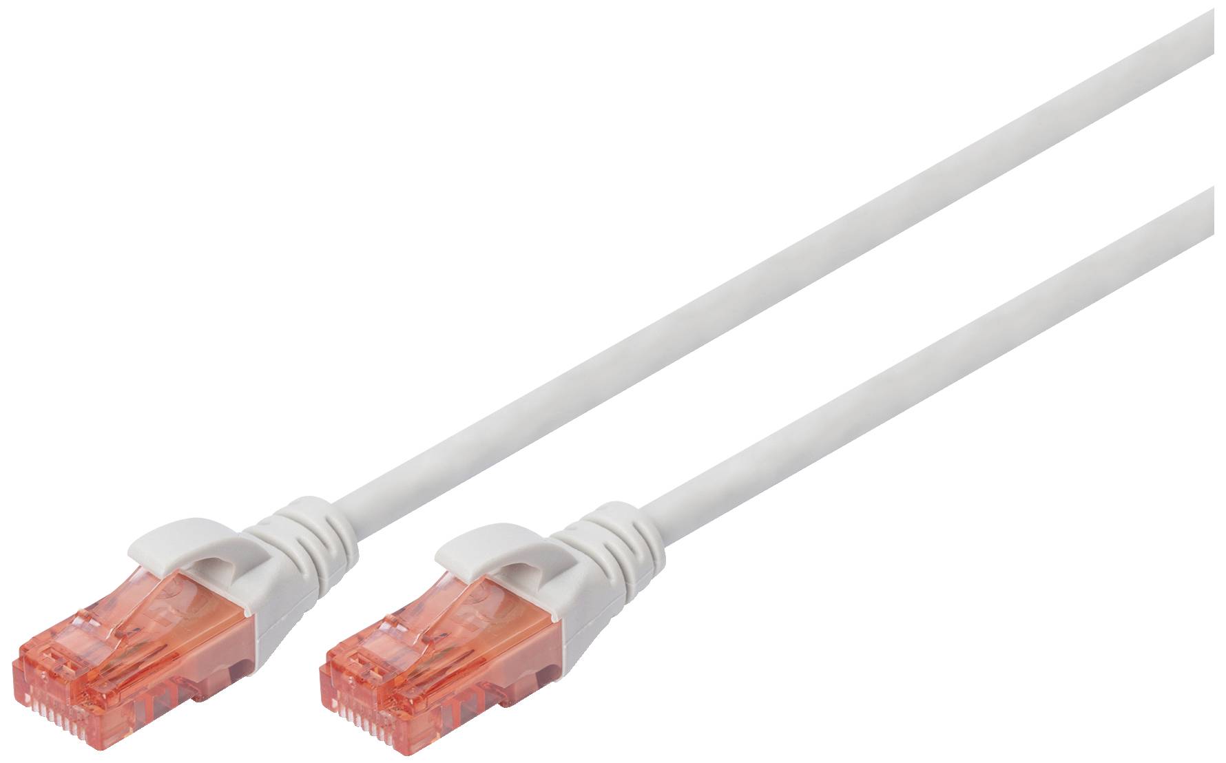 Wit Ethernet-kabel met rode RJ45-connectoren aan beide uiteinden, gebruikt voor netwerkaansluitingen.