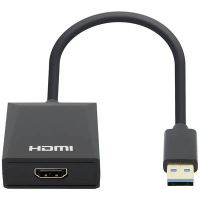 Een USB-naar-HDMI-adapter met een kort kabel. Links bevindt zich de HDMI-aansluiting, rechts de USB-stekker.