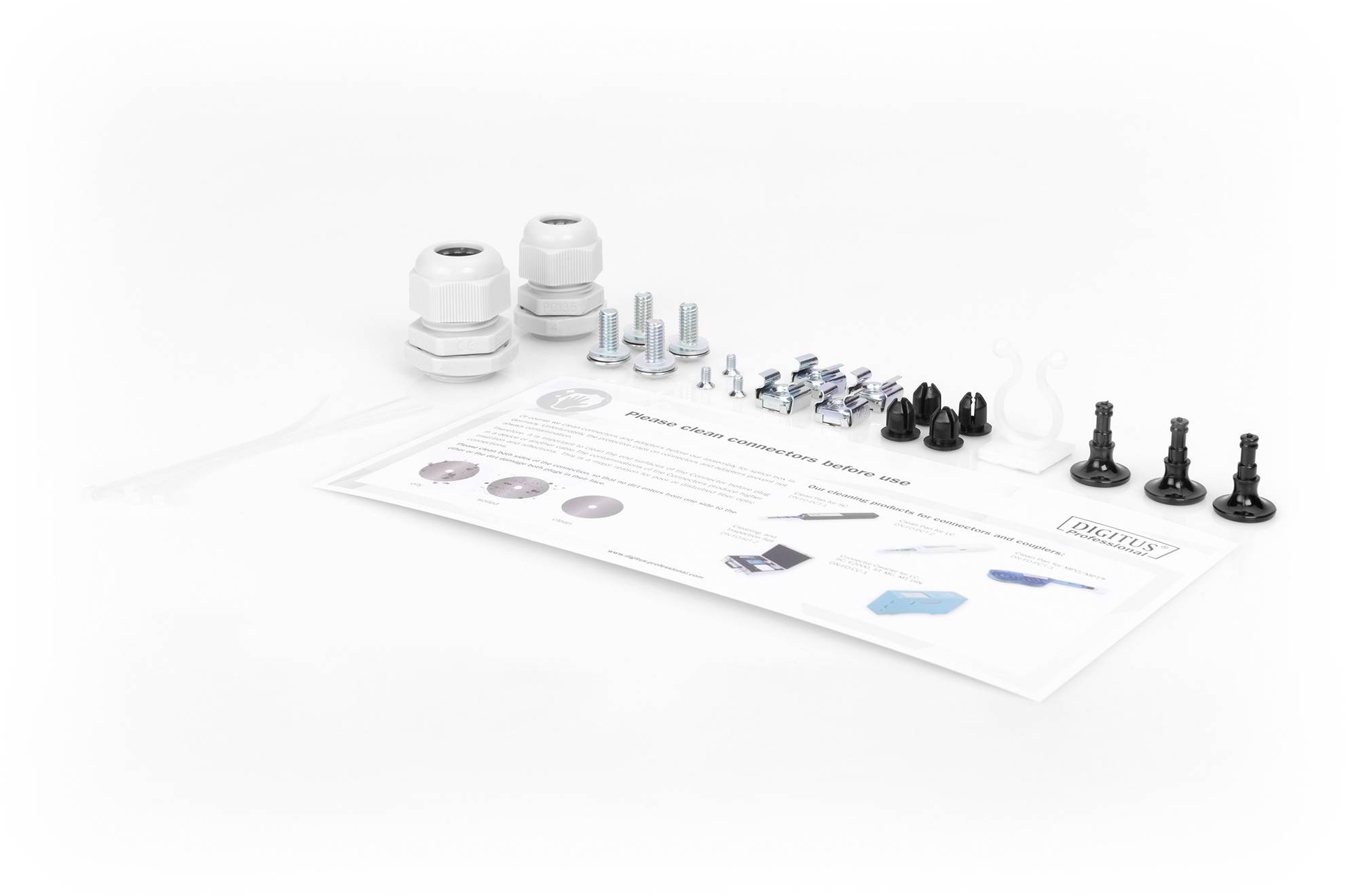 Installatiekit met kabelwartels, schroeven, pluggen, montage-instructies. Bevat diverse componenten voor veilige bevestiging.