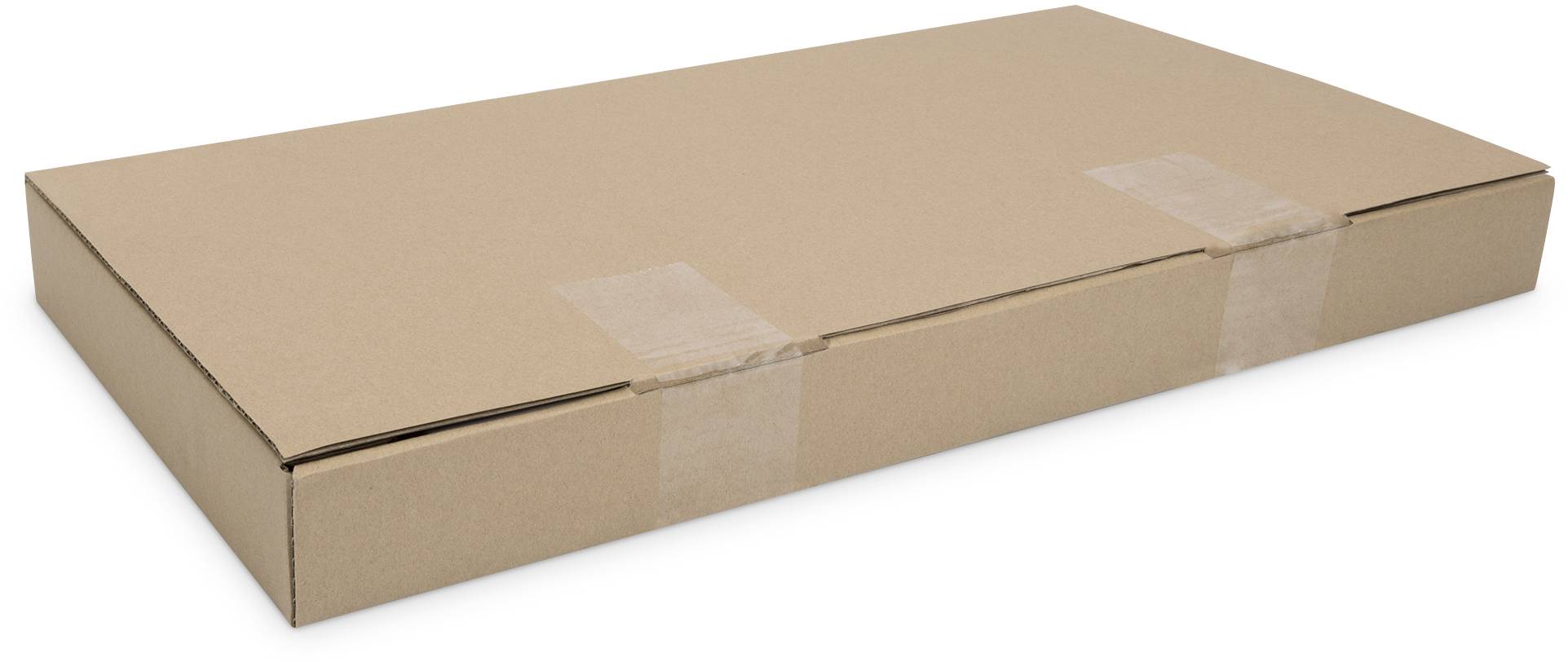 Een platte, rechthoekige kartonnen doos met twee plakstroken voor bevestiging. Geschikt voor het verzenden van langwerpige voorwerpen.